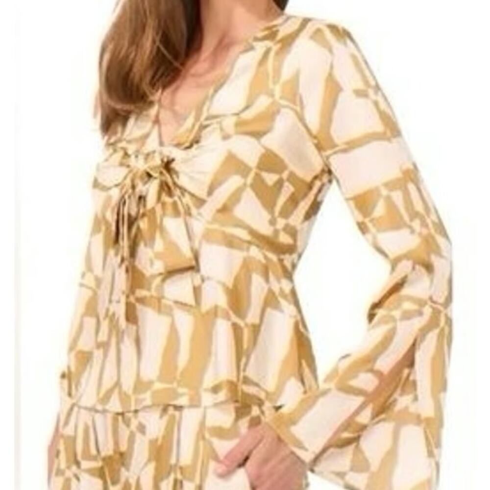 PARKER white tan fawn abstract bell sleeve boho bow front silky blouse top